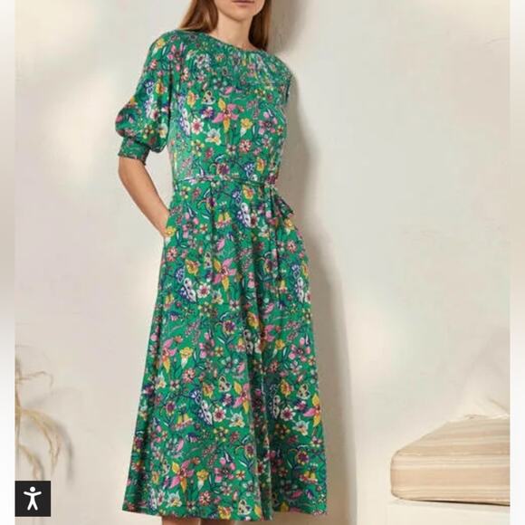 Boden Smocked Neck Jersey Midi Dress Highland Green Floral size 8 No Belt - Picture 2 of 13